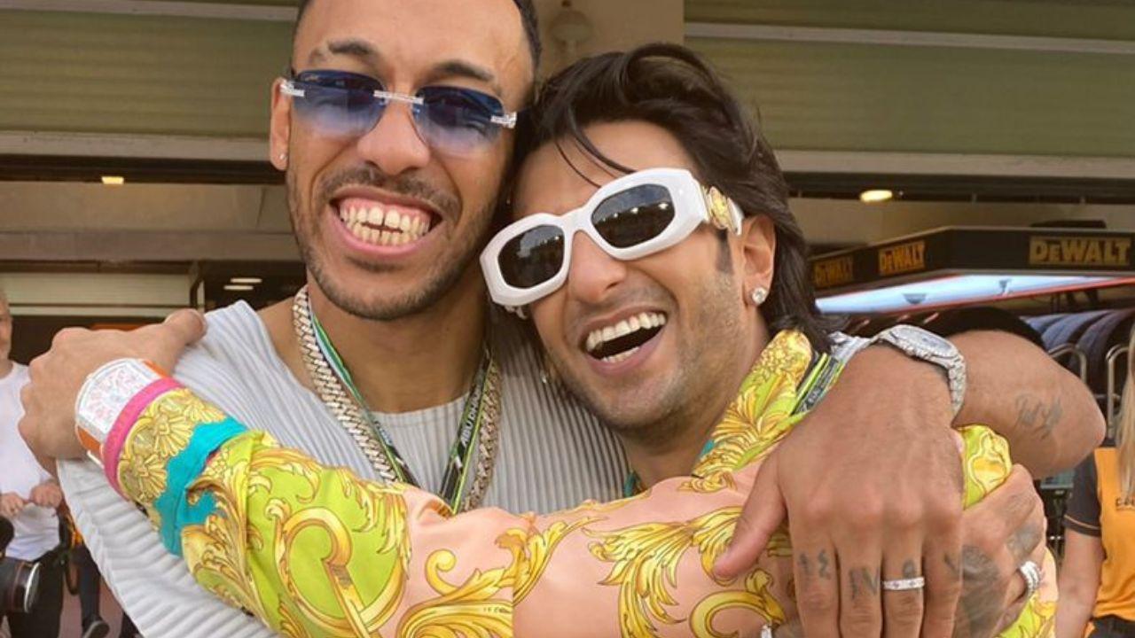 Seen here is Ranveer with Arsenal striker Pierre-Emerick Aubameyang, with whom Ranveer seemed to have struck up an instant connection! The two even video-called a mystery person whilst they were together in the F1 paddock. 
 